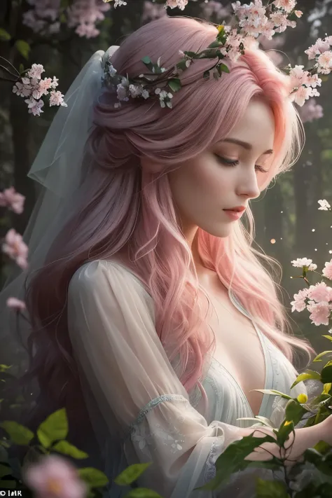 A breathtaking magical forest scenery comes alive in this timed-shot, captured with the precision and canonistic skin texture of a high-end realistic camera. The ethereal female figure, adorned with cascading multi-pink hair, is surrounded by soft particle...