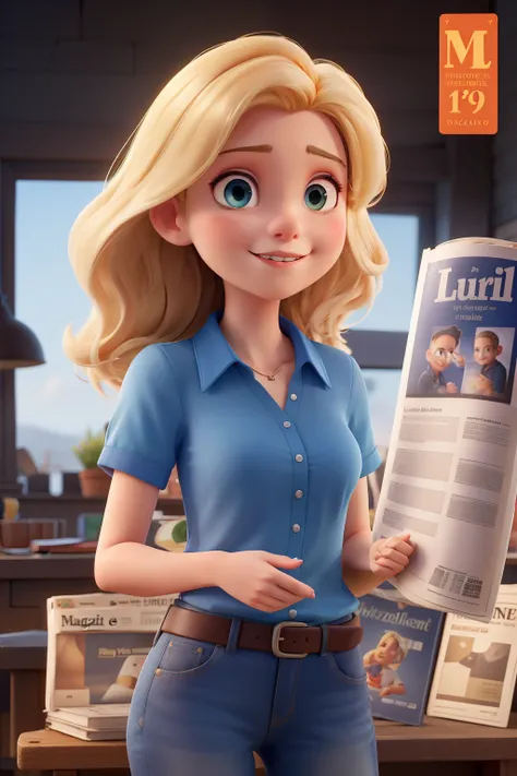 young blonde woman wearing a blue blouse with Magali written on top of a Magazineonlisa sign