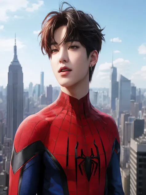 Spiderman in a suit standing in front of a city skyline, Peter Parker, Peter Parker as spiderman, retrato del Spiderman, Spiderman, Spiderman, portrait of Tom Holanda, Tom Holanda, Del arte, arañaverso, cai xukun, spider - artistic style in verse, foto de ...