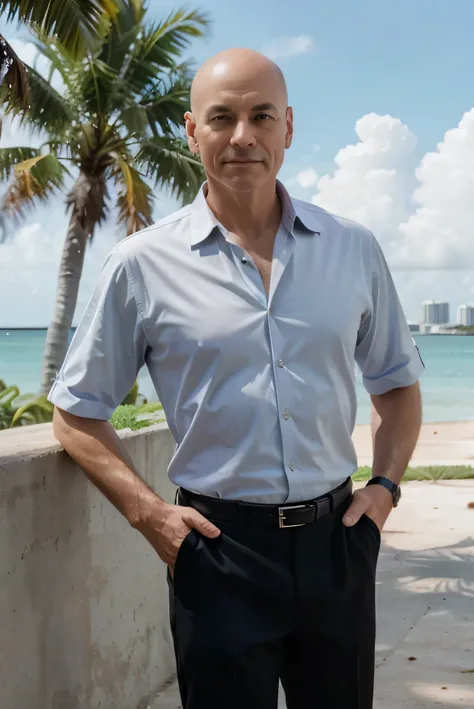 image of thin bald professional man 60 years old in casual business attire with a lot of tropical florida greenery background behind him.