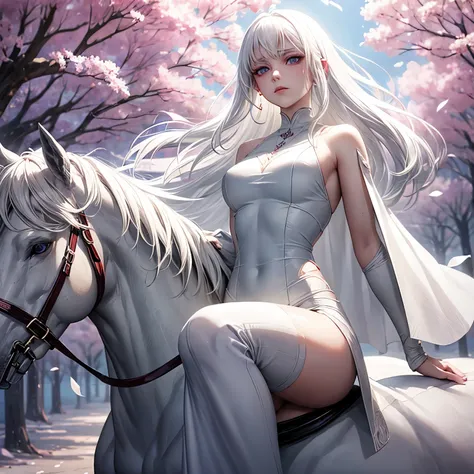 White hair, deep purple eyes, no emotion, pale skin, white split thigh cut out dress, riding white horse, outside, blossom trees, 26 years old, emotionless.