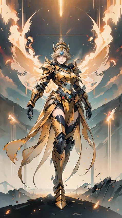 a woman adorned in fantasy-style full-body armor, a crown-concept fully enclosed helmet that unveils only her eyes, a composite ...