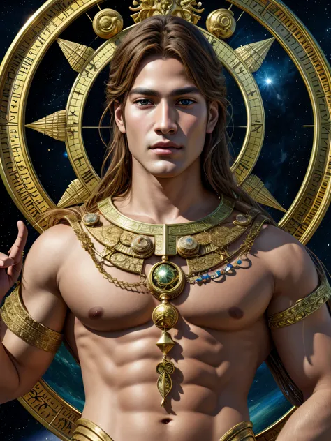 (photorealistic, masterpiece, detailed face, best quality, highres, 4k), Fantasy art style, imagine the astrological sign of Libra the harmonious scales embodied by a captivating male model with a serene and balanced demeanor.