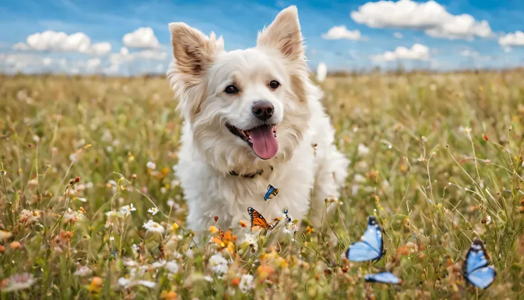 a cute dog playing with butterflies is in a desert grass full of beautiful flowers with a blue sky and white clouds