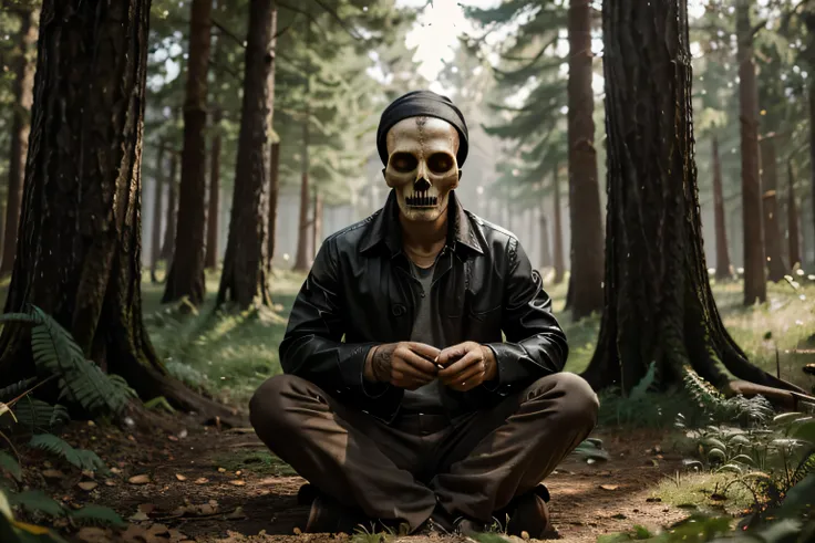 Digital painting of man with skull on his head sitting in front of forest.