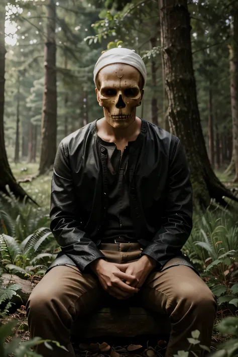 Digital painting of man with skull on his head sitting in front of forest.