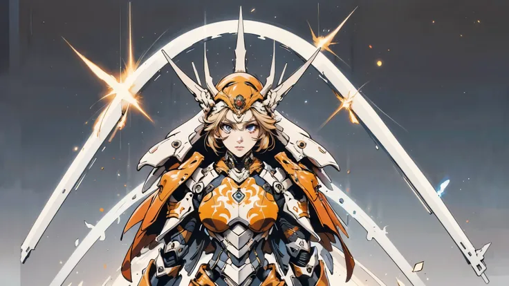 A woman adorned in fantasy-style full-body armor, a crown-concept fully enclosed helmet that unveils only her eyes, a composite layered chest plate, fully encompassing shoulder and hand guards, a lightweight waist armor, form-fitting shin guards, the overa...