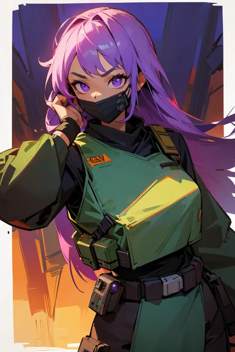 bounty hunter, star wars, forest background, sunset, mask covering lower mouth, multicolor hair, purple eyes, young female, smirking, muscular