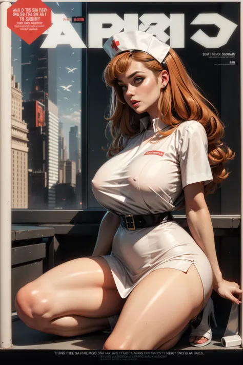 (Masterpiece, Best Quality), 8k Wallpaper, highly detailed, poster, vintage sci-fi film, 1960s, a magazine cover with sexy giant nurse towering over a tiny city, a portrait by Paul Kane, cinematic movie poster, perfect face, Orange hair, Attack of the 50 f...