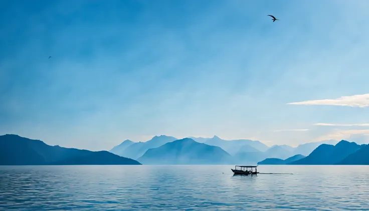 a boat on a wide lake behind which is a large blue mountain, with clear and cloudy skies, sunlight, morning atmosphere, with several birds flying