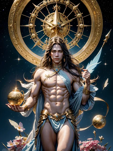 (photorealistic, masterpiece, detailed face, best quality, highres, 4k), Fantasy art style, imagine the astrological sign of Libra the harmonious scales brought to life through a mesmerizing male model embodying elegance and balance. Picture him standing o...