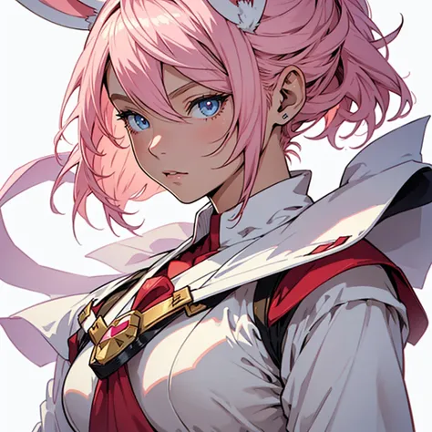 medieval anime art, masterpiece, best quality, by professional artist, female, solo, upper body portrait, detailed composition, detailed eyes, (((white background))), short pink hair, light blue eyes, white bunny ears, wearing red mage armor