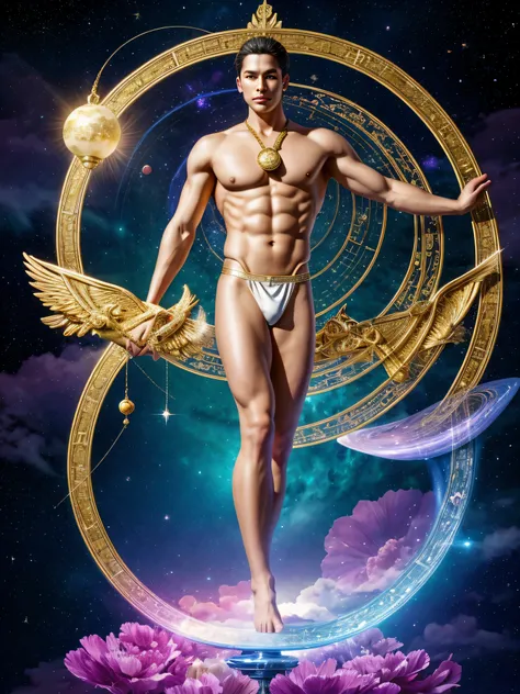 (photorealistic, masterpiece, detailed face, best quality, highres, 4k), Fantasy art style, imagine the astrological sign of Libra the harmonious scales brought to life through a mesmerizing male model embodying elegance and balance. Picture him standing o...