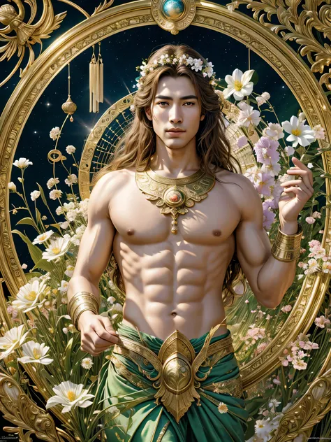 (photorealistic, masterpiece, detailed face, best quality, highres, 4k), Fantasy art style, imagine the astrological sign of Libra the harmonious scales represented by a captivating male model with a serene and balanced demeanor. He stands amidst a floatin...