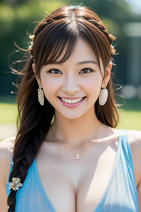 solo girl,stand in the park,casual summer knit dresses,(flower hair ornament,Braided top knot,Twisted side part ponytail braided headband,half up、Braided Space Van,voluminous fishtail braid,Twisted pan),(The bangs are see-through bangs),(((emphasize the ch...