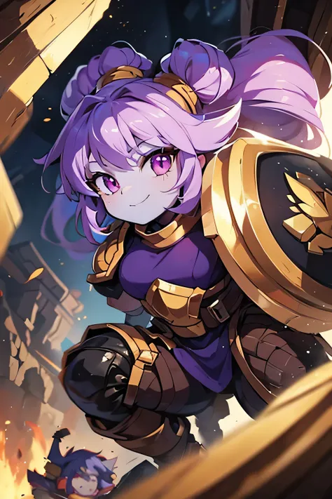 garota yordle, vestindo armadura pesada de paladino, cabelo roxo curto, playful smile, golden eyes and fur, behind a shield much...