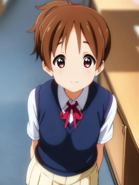 (((picture perfect))), 1girl, solo, ui hirasawa, school uniform, sweater vest, short sleeves, looking at viewer, smile