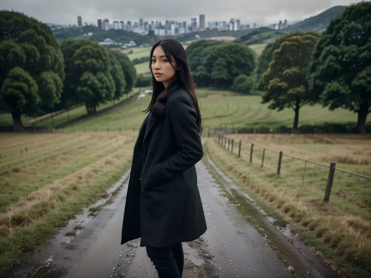 30 years old hong kong woman standing on large UK green land, countryside, rainy day, realistic skin, beautiful face, realistic skin, half body, black winter overcoat, environment focus, big environment, black long hair, super wide angle image