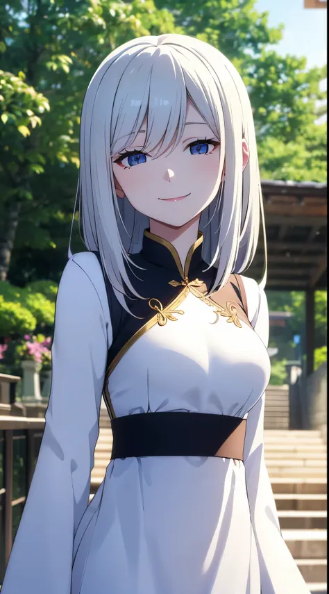 best quality, ((happy expression)), ((dropping eyes)),park background, white hair, ao dai, middle breast, detailed face, highres, 1girl, 28yo, smile, good anatomy, soft focus, cinematic lighting, depth of field, long shot