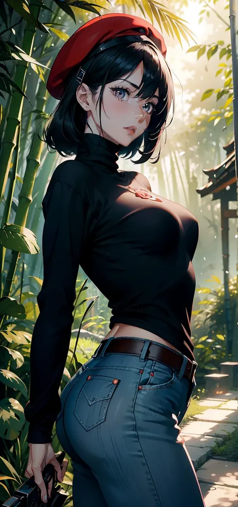 1womanl，43 yeas old，Thin waist，long legs，plumw，Raised sexy，Pornographic exposure， solo，Combat posture，（Background with：Deep in the bamboo forest，Ground area water，roses，the rainforest，）Snow-white skin， She has short black hair with white streaks， hair flut...