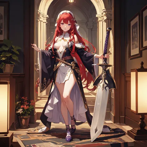 1girl,masterpiece,best quality,ultra-detailed,very detailed illustrations,extremely detailed,intricate details,highres,super complex details,extremely detailed 8k cg wallpaper,red hair,priest outfit,small breasts,holding sword((full-body_image)), (Perfect_...