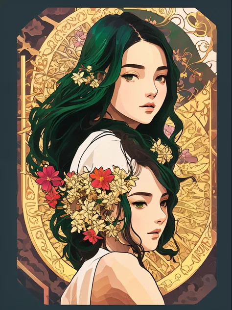 A detailed illustration of pretty Black teenage girl🥺😊,long green hair with flowers in hair, ponytail, brown skin, wearing a brown ethereal outfit, goddess style, plant powers, style cartoon, colors, two-dimensional, planar vector, character design,gold de...