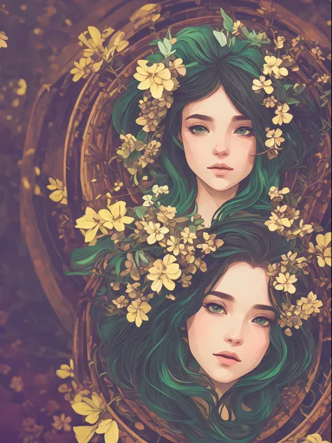 A detailed illustration of pretty Black teenage girl🥺😊,long green hair with flowers in hair, ponytail, brown skin, wearing a brown ethereal outfit, goddess style, plant powers, style cartoon, colors, two-dimensional, planar vector, character design,gold de...