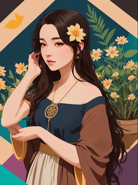 A detailed illustration of pretty Black teenage girl🥺😊,long green hair with flowers in hair, ponytail, brown skin, wearing a brown ethereal outfit, goddess style, plant powers, style cartoon, colors, two-dimensional, planar vector, character design,gold de...