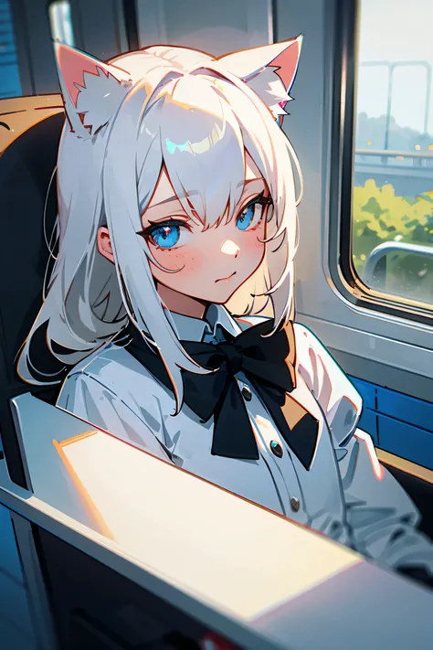 Cat ear, gray hair, , figure, in the train,Riding on the elbow