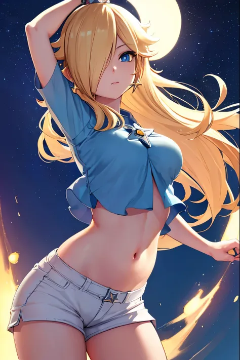 rosalina, rosalina, blonde hair, blue eyes, hair over one eye, long hair, micro shorts, white shorts, lower part of the breasts ...