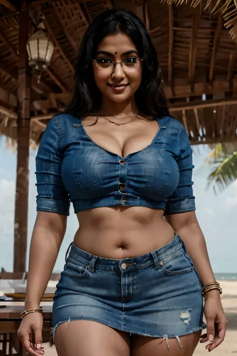 (best quality,masterpiece) desi Indian woman wearing (crop top:1.1) and (denim skirt:1.2), (curvy body), (chubby cheeks), (eyeglasses), (bangles), An Indian (desi) beauty, charismatic, dark-skin, view the viewer, naughty smile, in a beach, (ultra high res,...