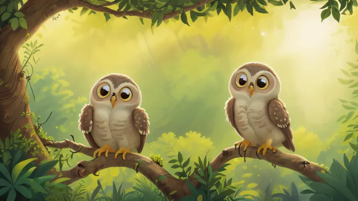 A Leonardo da Vinci-inspired landscape painting featuring Milo, a baby grey owlet perched on a branch off to the side. The scene depicts a vast forest bathed in golden light. Capture Milos sense of wonder as he observes the landscape, with the forest stret...