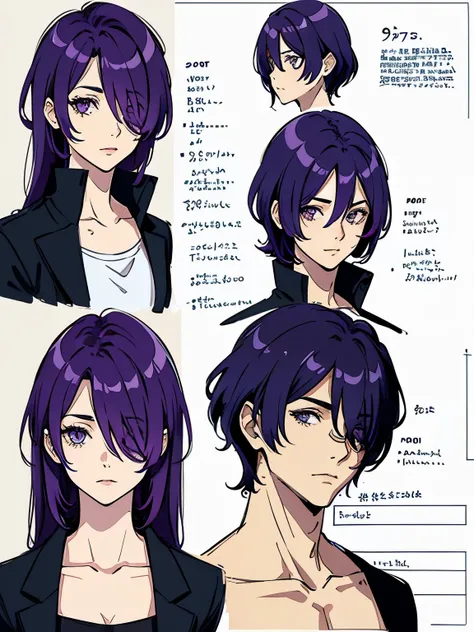 purple hair,hair over one eye,man,38 years old,reference sheet