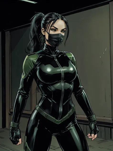 A female superhero with black and green long hair in a ponytail, wearing a black and green leather tight suit, slender with feminine athletic build and curves, assassin face mask, long finger nails, sexy action fighting pose