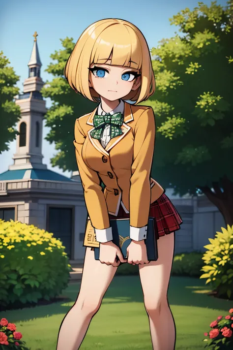 young girl, bob hair cut, blue eyes, chin-length Venetian-blonde hair, red hair, wears her green boarding school uniform, green jacket and tartan patterned blue and orange skirt., 4k, masterpiece, alyssa hamilton clock tower 3, in a garden , looking at vie...