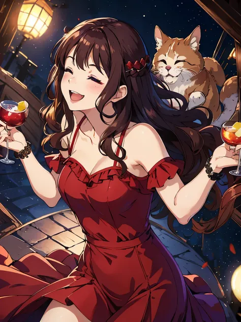 masterpiece, highest quality, High resolution, purple party dress, smile, brown hair, wavy hair, red eye, laughing, closed eyes