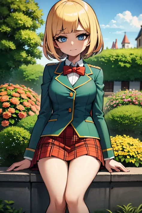 young girl, bob hair cut, blue eyes, chin-length Venetian-blonde hair, red hair, wears her green boarding school uniform, green jacket and tartan patterned blue and orange skirt., 4k, masterpiece, alyssa hamilton clock tower 3, in a garden , looking at vie...