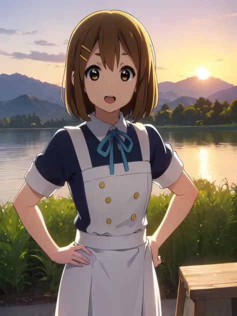 1girl, (((​masterpiece))), top-quality, top-quality, High Details, hirasawa yui, 1girl, Sakuragaoka High School Uniform, student clothes, maid cafe uniform, (((two yellow hairpin))), short hair, A brown-haired, brown-eyed, solo, reddish, thin blue ribbon, ...