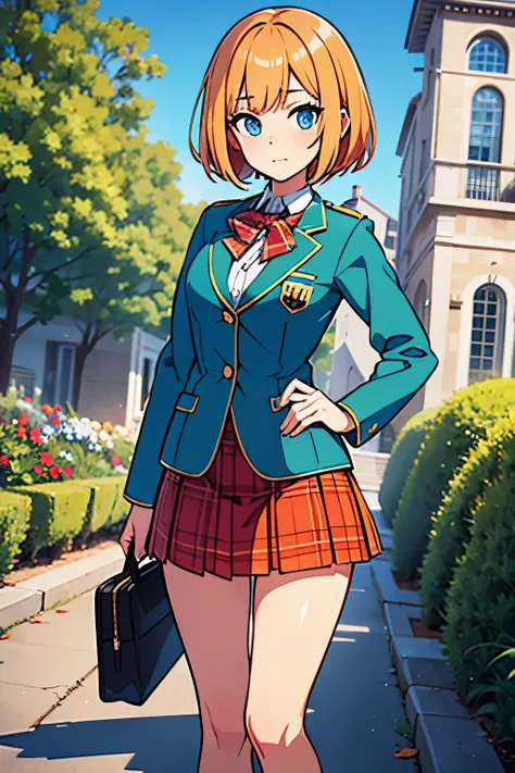 young girl, bob hair cut, blue eyes, chin-length Venetian-blonde hair, red hair, wears her green boarding school uniform, green jacket and tartan patterned blue and orange skirt., 4k, masterpiece, alyssa hamilton clock tower 3, in a garden , looking at vie...