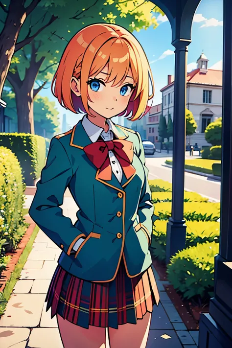 young girl, bob hair cut, blue eyes, chin-length Venetian-blonde hair, red hair, wears her green boarding school uniform, green jacket and tartan patterned blue and orange skirt., 4k, masterpiece, alyssa hamilton clock tower 3, in a garden , looking at vie...