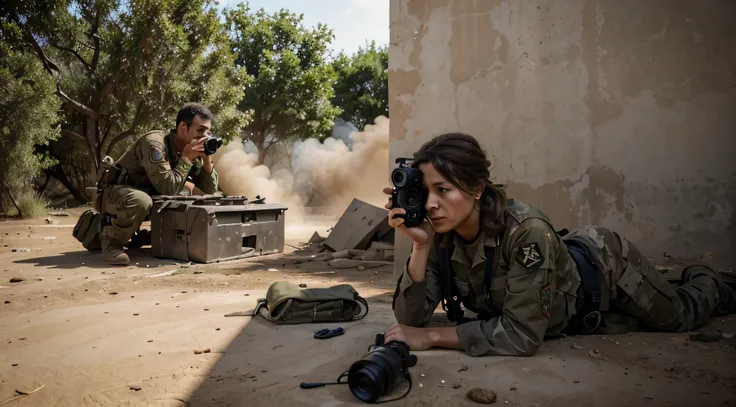 The photo should capture the concept of a dedicated and courageous war journalist in action