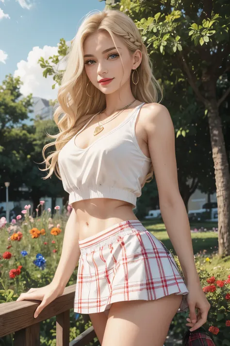 Caucasian woman, blonde hair, wavy hair, long hair, braided hair, hair with dark roots, green eyes, lined eyes, focus eyes, red lipstick, smile, athletic body, small breasts, white top, plaid skirt, woman raises her skirt, shows her underwear, white underw...