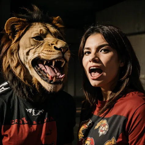 an angry lion wearing a red and black shirt with a caracara in its mouth 