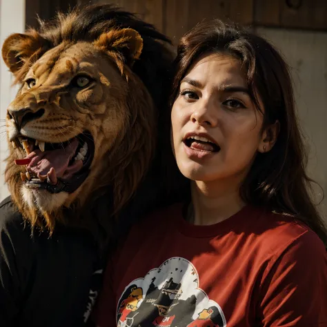 an angry lion wearing a red and black shirt with a caracara in its mouth 