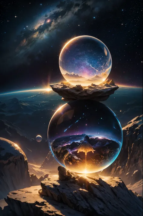 Highly detailed illustration of a world hidden inside a crystal ball, continents on the surface, atmosphere, galaxies in the background, whimsical lighting, enchanted ambiance, soft textures, artwork, ethereal glow, back -vibrant plane, rule of thirds, hig...