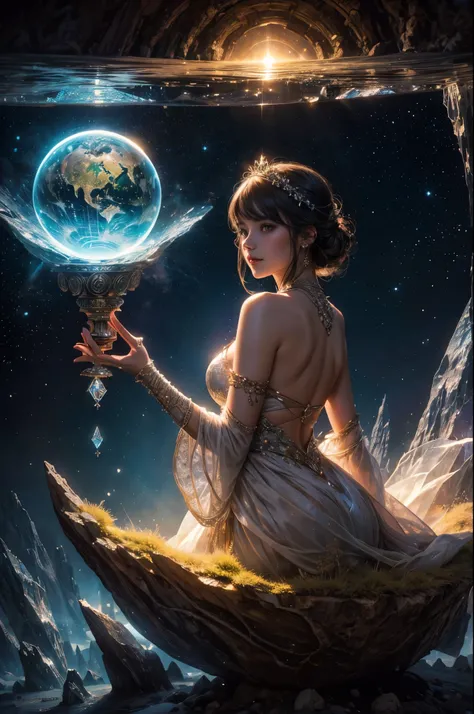 Highly detailed illustration of a world hidden inside a crystal ball, continents on the surface, atmosphere, galaxies in the background, whimsical lighting, enchanted ambiance, soft textures, artwork, ethereal glow, back -vibrant plane, rule of thirds, hig...