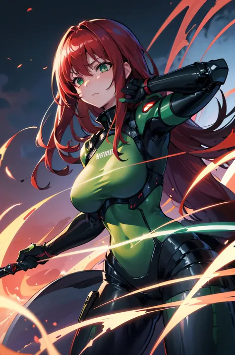 4k,High resolution,one woman,redhead,long hair,green eyes,big breasts,knight,tight black cyber suit,knightの鎧,knightのバイザー,long sword,city of the future,night background