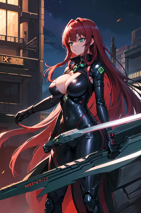 4k,High resolution,one woman,redhead,long hair,green eyes,big breasts,knight,tight black cyber suit,knightの鎧,knightのヘルメット,long sword,city of the future,night background