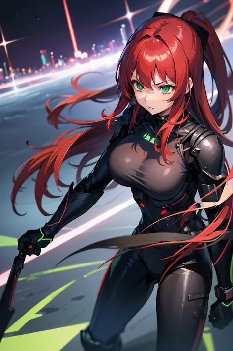 4k,High resolution,one woman,redhead,long hair,green eyes,big breasts,knight,tight black cyber suit,knightの鎧,knightのバイザー,long sword,city of the future,night background