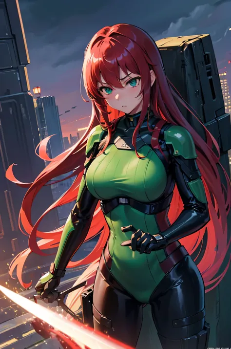 4k,High resolution,one woman,redhead,long hair,green eyes,big breasts,knight,tight black cyber suit,knightの鎧,knightのバイザー,long sword,city of the future,night background